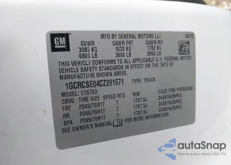 2012 Chevrolet Silverado 1500 Lt из США, поврежденный, VIN 1GCRCSE04CZ291671